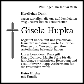 Anzeige von Gisela Hupka von Reutlinger Generalanzeiger