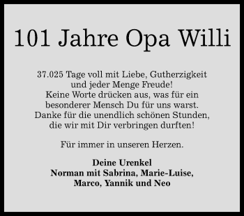 Anzeige von Opa Willi  von Reutlinger Generalanzeiger