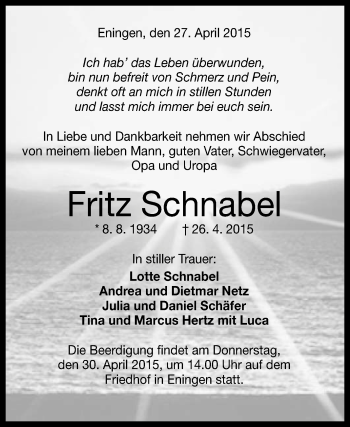 Anzeige von Fritz Schnabel von Reutlinger Generalanzeiger