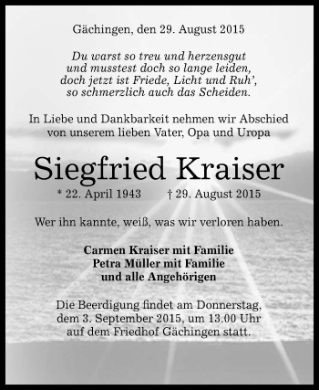 Anzeige von Siegfried Kraiser von Reutlinger Generalanzeiger
