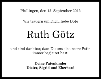 Anzeige von Ruth Götz von Reutlinger Generalanzeiger