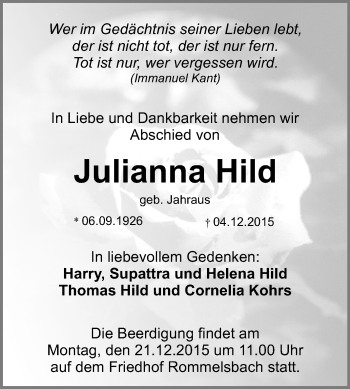 Anzeige von Julianna Hild von Reutlinger Generalanzeiger