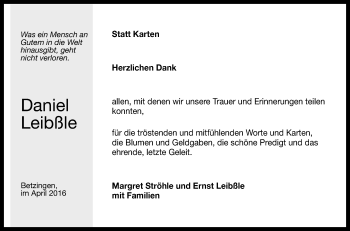 Anzeige von Daniel Leibßle von Reutlinger Generalanzeiger