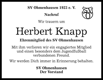 Anzeige von Herbert Knapp von Reutlinger Generalanzeiger