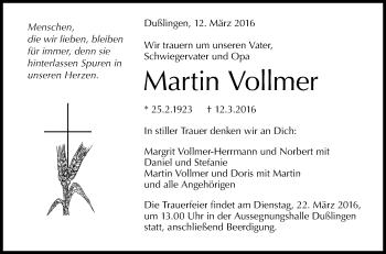 Anzeige von Martin Vollmer von Reutlinger Generalanzeiger