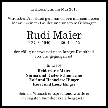 Anzeige von Rudi Maier von Reutlinger Generalanzeiger