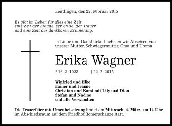 Anzeige von Erika Wagner von Reutlinger Generalanzeiger