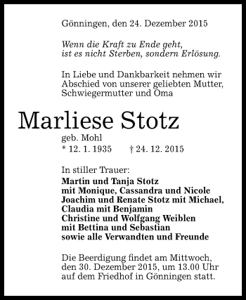 Anzeige von Marliese Stotz von Reutlinger Generalanzeiger