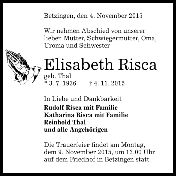 Anzeige von Elisabeth Risca von Reutlinger Generalanzeiger
