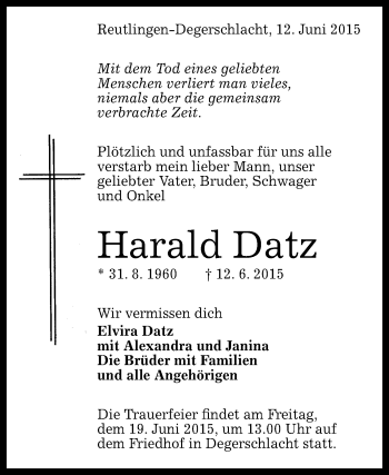 Anzeige von Harald Datz von Reutlinger Generalanzeiger