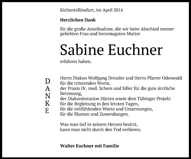  Traueranzeige für Sabine Euchner vom 15.04.2016 aus Reutlinger Generalanzeiger