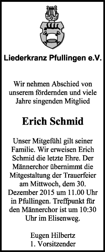 Anzeige von Erich Schmid von Reutlinger Generalanzeiger