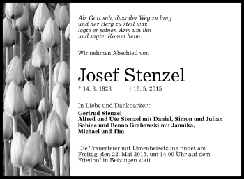 Anzeige von Josef Stenzel von Reutlinger Generalanzeiger
