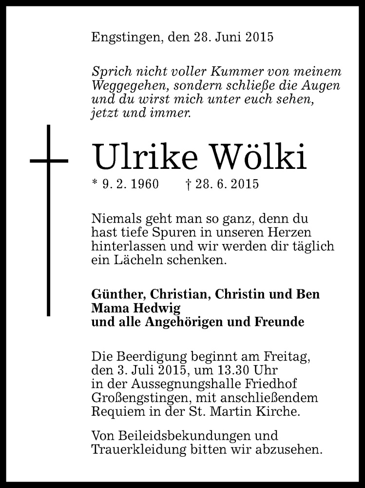  Traueranzeige für Ulrike Wölki vom 01.07.2015 aus Reutlinger Generalanzeiger