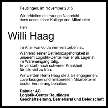 Anzeige von Willi Haag von Reutlinger Generalanzeiger