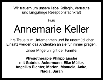 Anzeige von Annemarie Keller von Reutlinger Generalanzeiger