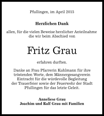 Anzeige von Fritz Grau von Reutlinger Generalanzeiger