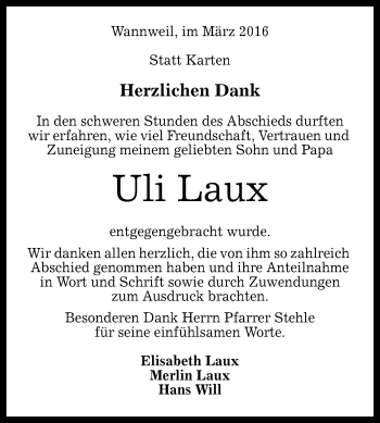 Anzeige von Uli Laux von Reutlinger Generalanzeiger