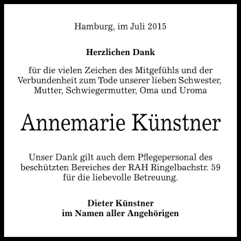 Anzeige von Annemarie Künstner von Reutlinger Generalanzeiger