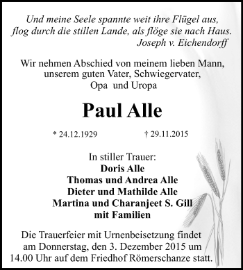Anzeige von Paul Alle von Reutlinger Generalanzeiger