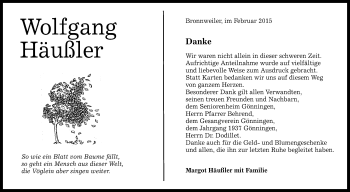 Anzeige von Wolfgang Häußler von Reutlinger Generalanzeiger