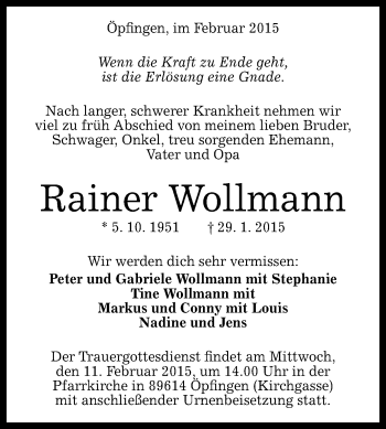 Anzeige von Rainer Wollmann von Reutlinger Generalanzeiger