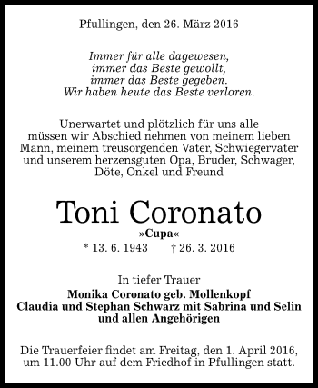 Anzeige von Toni Coronato von Reutlinger Generalanzeiger