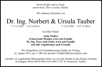 Anzeige von Norbert und Ursula Tauber von Reutlinger Generalanzeiger