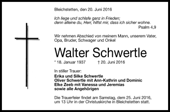 Anzeige von Walter Schwertle von Reutlinger Generalanzeiger