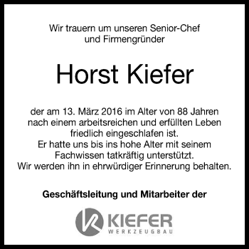 Anzeige von Horst Kiefer von Reutlinger Generalanzeiger