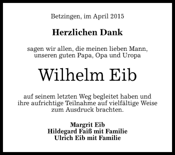 Anzeige von Wilhelm Eib von Reutlinger Generalanzeiger