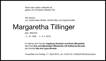 Anzeige von Margaretha Tillinger von Reutlinger Generalanzeiger