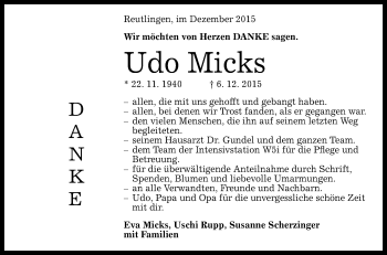 Anzeige von Udo Micks von Reutlinger Generalanzeiger
