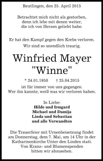 Anzeige von Winfried Mayer von Reutlinger Generalanzeiger