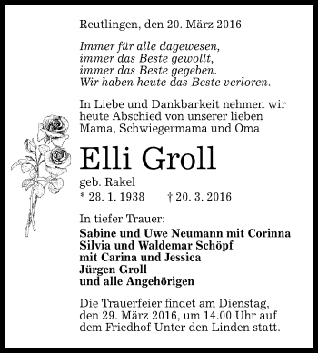Anzeige von Elli Groll von Reutlinger Generalanzeiger