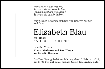 Anzeige von Elisabeth Blau von Reutlinger Generalanzeiger