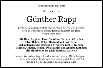 Anzeige von Günther Rapp von Reutlinger Generalanzeiger