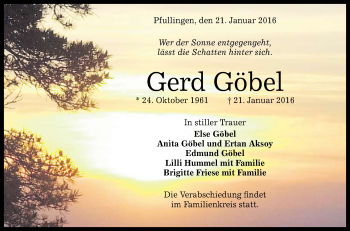 Anzeige von Gerd Göbel von Reutlinger Generalanzeiger