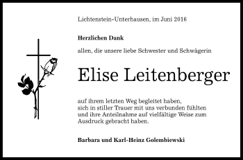 Anzeige von Elise Leitenberger von Reutlinger Generalanzeiger