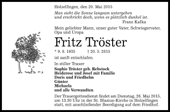 Anzeige von Fritz Tröster von Reutlinger Generalanzeiger