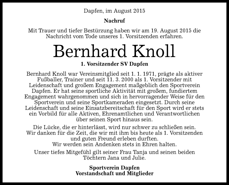  Traueranzeige für Bernhard Knoll vom 24.08.2015 aus Reutlinger Generalanzeiger