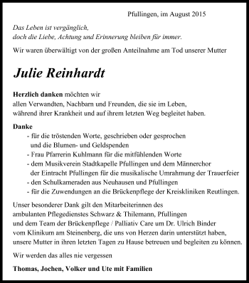 Anzeige von Julie Reinhardt von Reutlinger Generalanzeiger