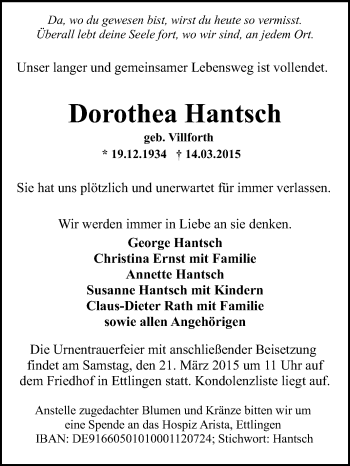 Anzeige von Dorothea Hantsch von Reutlinger Generalanzeiger