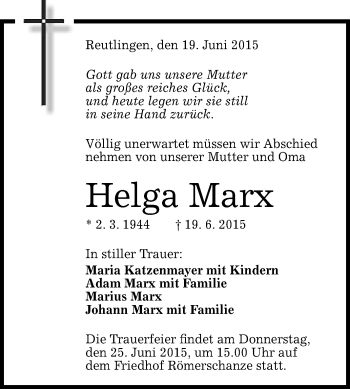 Anzeige von Helga Marx von Reutlinger Generalanzeiger