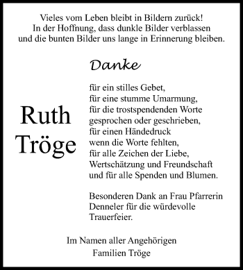 Anzeige von Ruth Tröge von Reutlinger Generalanzeiger
