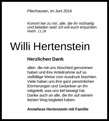 Anzeige von Willi Hertenstein von Reutlinger Generalanzeiger