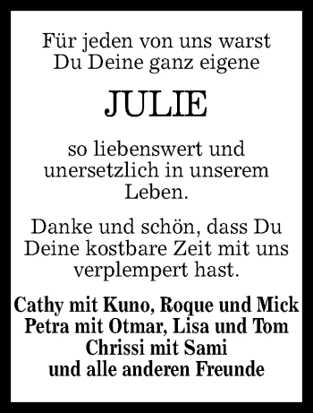 Anzeige von Julie  von Reutlinger Generalanzeiger