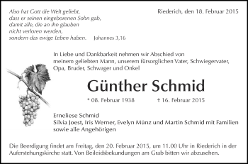 Anzeige von Günther Schmid von Reutlinger Generalanzeiger
