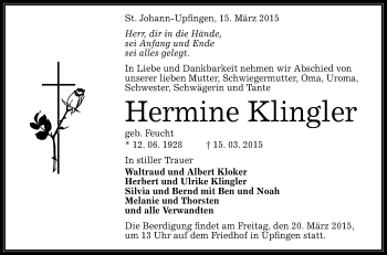 Anzeige von Hermine Klingler von Reutlinger Generalanzeiger