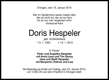 Anzeige von Doris Hespeler von Reutlinger Generalanzeiger
